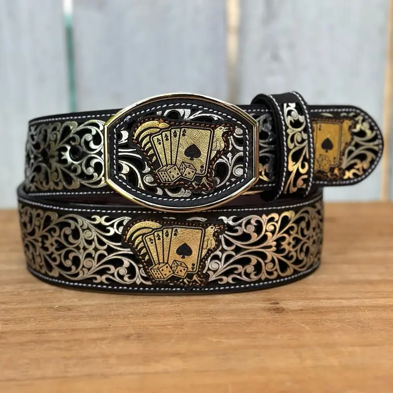 Silver and Golden “Gallo de Oro” Laser Cut Western Belt for Men