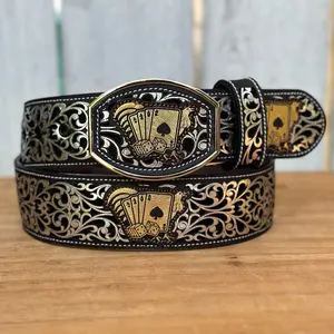 Silver and Golden “Gallo de Oro” Laser Cut Western Belt for Men