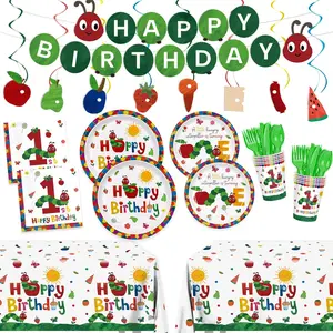 179Pcs Caterpillar 1st Birthday Party Supplies Green Insect Plates Napkins Tablecloth Banner Hungry Bug Party Decoration for Kids Birthday Baby Shower Serv