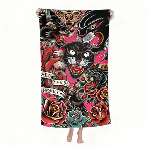 TheAmerican Traditional Tattoo Design beach towel, soft texture, beach blanket, is a soft and lightweight sand blanket for travel, swimming pool, surfing, yoga, camping, travel towels, personalized towels. Is Christmas, Holidays, Birthdays, Halloween