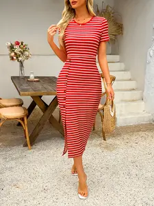 Y2K Fashion Women's Striped Short Sleeve Dress, Button Detail Split Design, Slim Fit Casual Wear Summer Dress, Elegant Chic All Season Wear