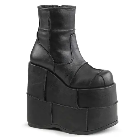 Demonia Men's Black Vegan Leather Punk Ankle Boots - Stack-201 Synthetic, 7" Platform Heel, Patchwork Details, Side Zip, All Seasons Footwear Fashion, Statement Lift Walking Shoes