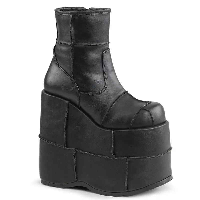 Demonia Men's Black Vegan Leather Punk Ankle Boots - Stack-201 Synthetic, 7" Platform Heel, Patchwork Details, Side Zip, All Seasons Footwear Fashion, Statement Lift Walking Shoes
