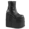Demonia Men's Black Vegan Leather Punk Ankle Boots - Stack-201 Synthetic, 7" Platform Heel, Patchwork Details, Side Zip, All-Season Fashion Footwear, Statement Shoes