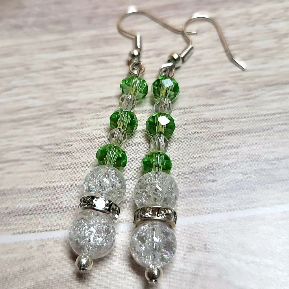 Handmade Green and Clear Faceted Glass Bead Dangle Earrings