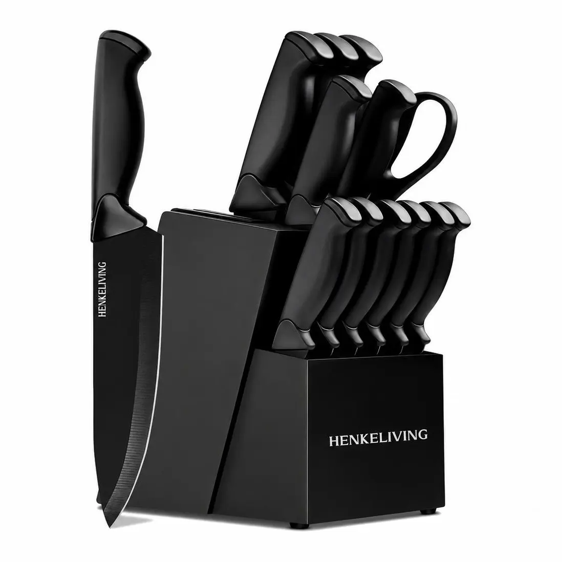 HENKELIVING Knife Set, 14-Piece Kitchen Knife Set with Block, Dishwasher Safe, Extremely sharp blade & ergonomic handle, black