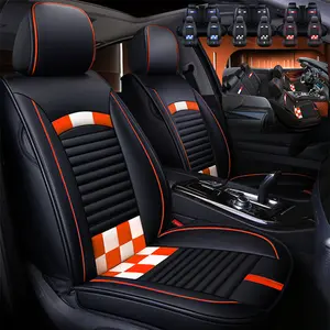 Waterproof Leather Car Seat Covers Durable Stylish Protection for Vehicle Interior with Orange and White Checkered Design