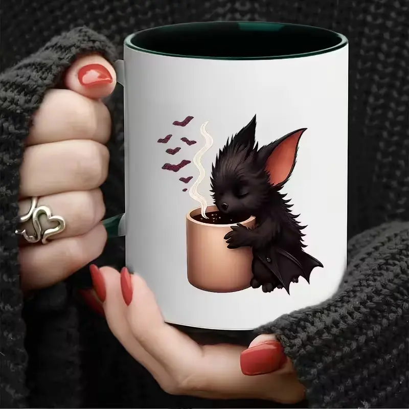 Sturdy Lightweight Printed Ceramic Bat-Shaped Coffee Mug - 11 oz Cup, Hand Wash Only, Gift Idea for Coffee & Tea Lovers, 11Oz