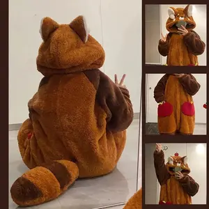 Cute Winter Cartoon Animal Velour Hooded Pajama Onesie with Fleece Lining — Raccoon Cosplay Sleepwear (Ear/Tail Included)
