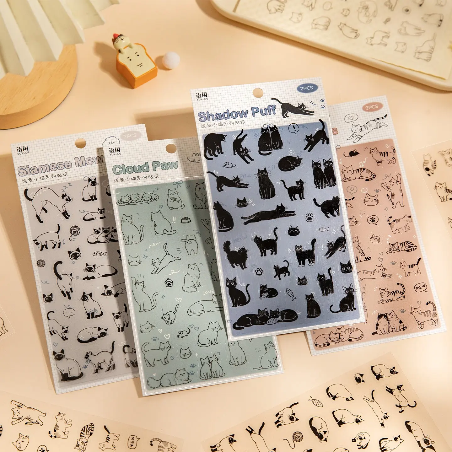 Cat-Themed Decorative Sticker Pack, Art Stickers, Aesthetic Stickers, 2 Sheets Per Bag, Line Cat Series, Ideal for Journaling Supplies, Diary Sticker & Water Bottle Decoration