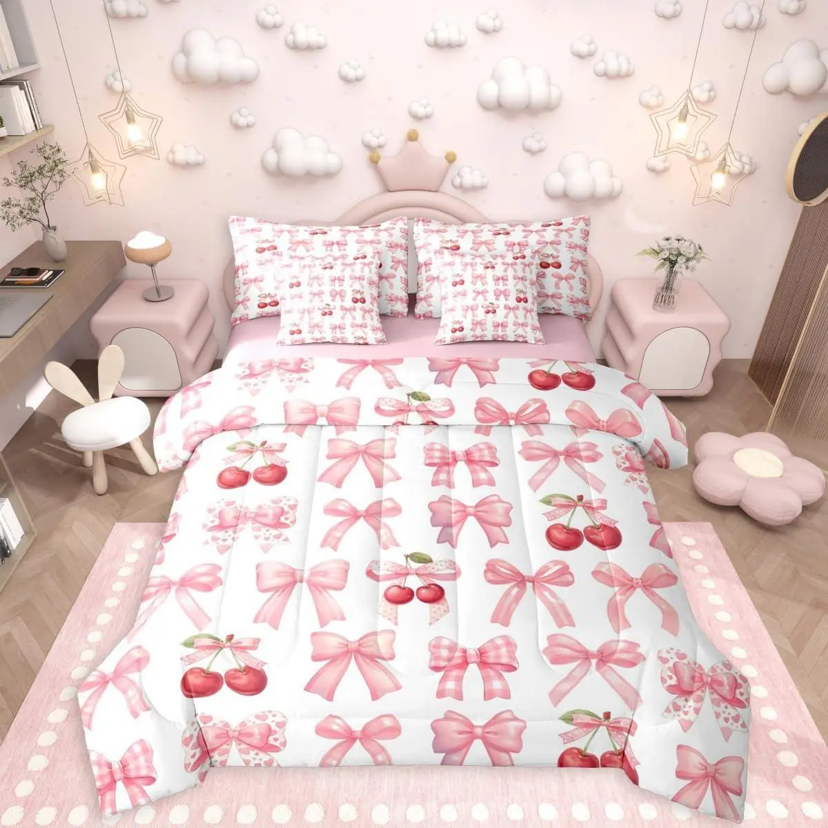Kawaii Pink Bows 7 Pieces Bedding Set,Yummy Cherry Bowknot Bed in a Bag,Princess Style Bow Bed Set Includes Comforter,Sheet Set,Pillowcases & Pillow Covers,Cute Aesthetic Bedroom Decor