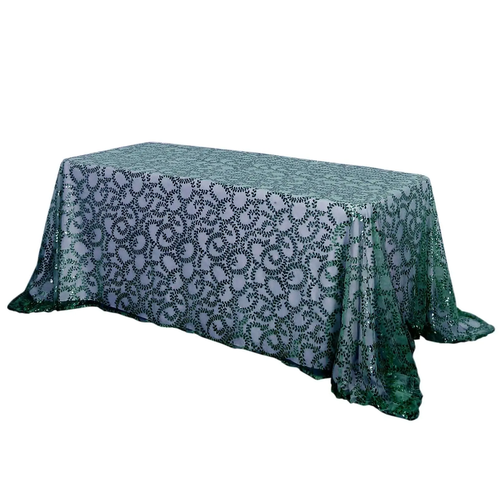 Hunter Emerald Green Embroidered Sequin Leaf Tulle Outdoor Tablecloth - 90in x 156in Rectangle, Hand Wash Only, Embroidery