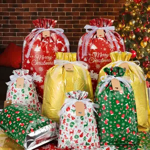 32Sets Christmas Drawstring Gift Bags with Tags, Xmas Gift Bags Assorted Sizes Bulk, Large Medium Small Holiday Gift Bags Foil Gift Wrapping Bags for Christmas Presents Party Favor Goody Sack