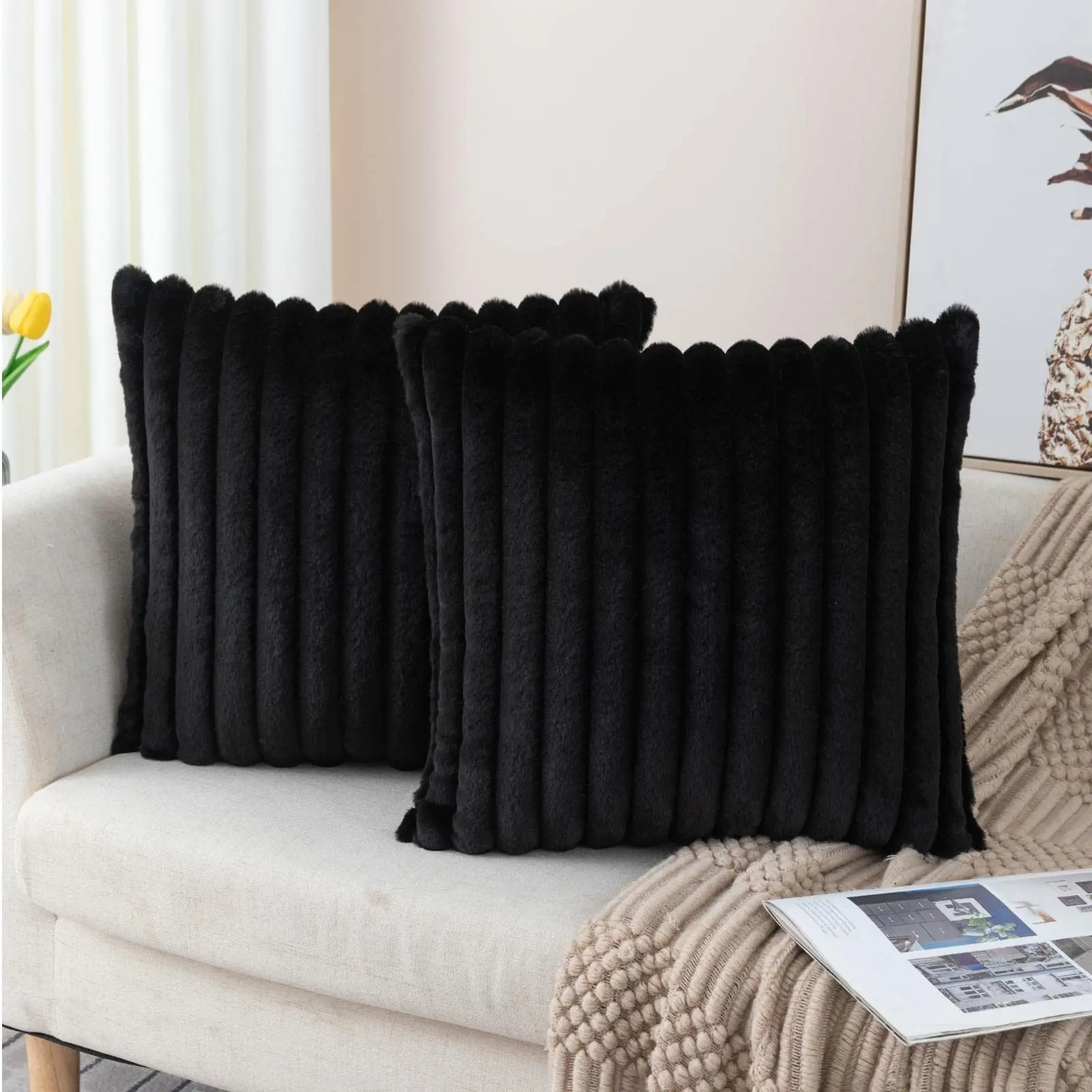 Corduroy 2-Piece Decorative Cushion Cover Set - Soft, Modern Fluffy Striped Texture, Indoor Sofa Decor Upgrade for SK Indoor Furniture Couch Throw Pillows, Corduroy Cushion Covers, Two Piece Set