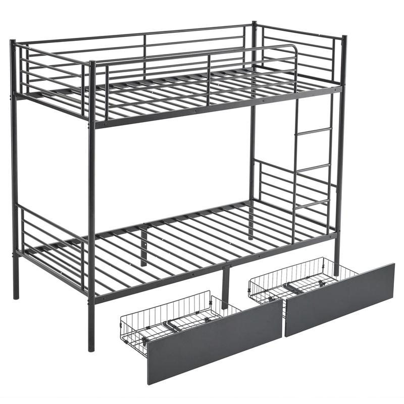 Twin Over Twin Convertible Bunk Bed with 2 Storage Drawers, Metal Bunk Bed Can be Divided Into Two Daybeds, Black