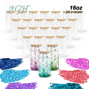 AGH 25pcs 16 oz Sublimation Snow Globe Glass Tumbler Double Wall Glass Beer Cola Juice Coffee Mug Can Cups with Bamboo Lid Water Bottles Drinkware