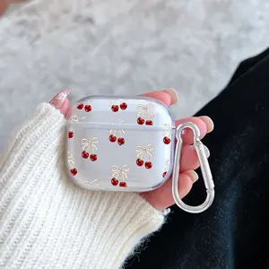 Red Cherries and White Butterfly Bows Pattern TPU Soft Protective Case for Apple AirPods 4/3/2/1/Pro/Pro2 Transparent Earphone Cover with Keychain Attachment