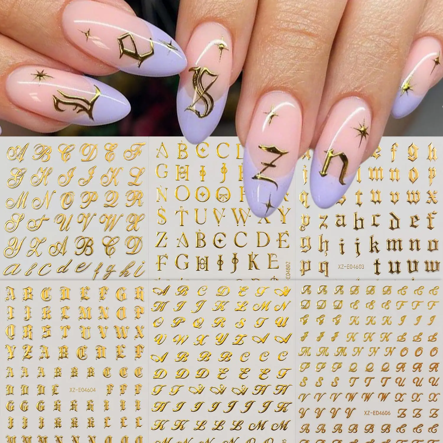6Pcs Gold Gothic Letter Nail Stickers 3D Multi Type Metallic Vintage English Alphabet Self-adhesive Nail Decals English Nail Dec