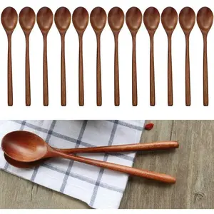 Wooden Spoons, 12 count 9 Inch  Soup Spoons for Eating Mixing Stirring, Long Handle Spoon with  Style Kitchen Utensil