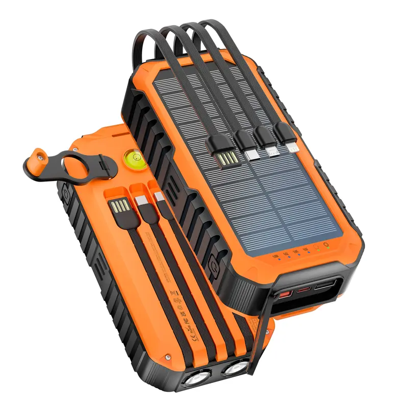citicr Solar Charger Power Bank 40000mAh Built in 4 Cables and Hand Crank, Portable Charger 22.5W Fast Charger 6 Outputs & 2 Inputs External Battery Pack with Bright Flashlight and Compass，Level gauge