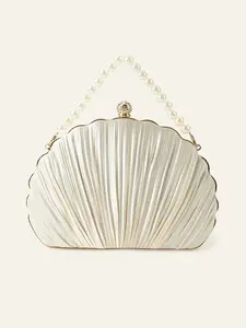AZAZIE Women's Elegant Shell-Shape Pleated Evening Clutch with Detachable Pearl Handle & Gold Crossbody Chain for Wedding, Party