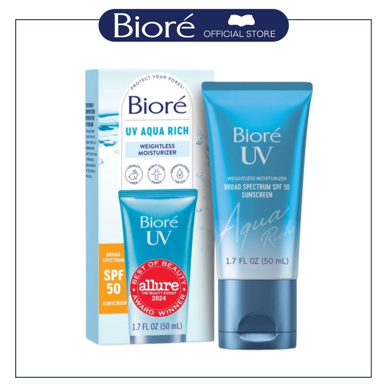 Bioré Skincare UV Aqua Rich Facial Moisturizer + SPF 50 Sunscreen + Primer, Hyaluronic Acid, Lightweight & Moisturizing Cream, No White Cast, 1 Pack