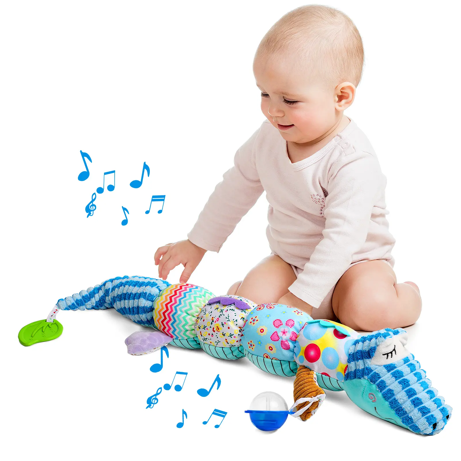 Newborn Baby Girl Gift Toys ,Infant Tummy Time Toys,Musical Stuffed Animal with Multi-Sensory Crinkle, Rattle and Textures,Baby Boy Girl Gifts,Blue Crocodile