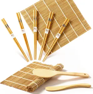 Bamboo Sushi Making Kit with Beginner Guide, 2 Rolling Mats, 5 Chopsticks, Spreader & Paddle - Utensils, Kitchen