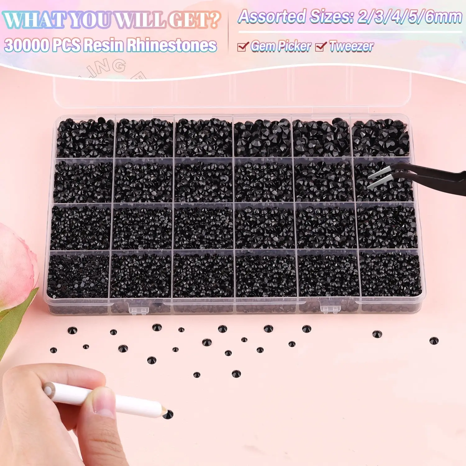 24 compartments, 30,000 resin black crystals, used for handmade DIY decorative items. Loose flat bottom, suitable for decorating various handicrafts, nail care products and accessory sets. Comes with tweezers, magnetic pens and a free gift., Diy Crafts, F