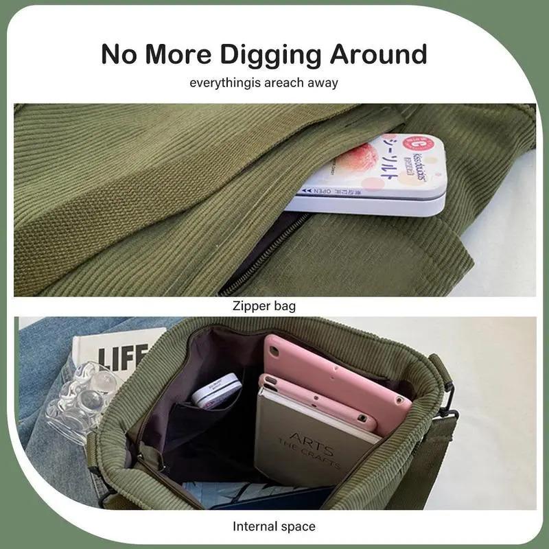 Women's Striped Corduroy Large Capacity Crossbody Bag – Bandolera Unisex, Vintage Boho Shoulder Purse with Detachable Adjustable Strap, Everyday Bag for School, Travel, Outdoor Sports, Lightweight & Durable