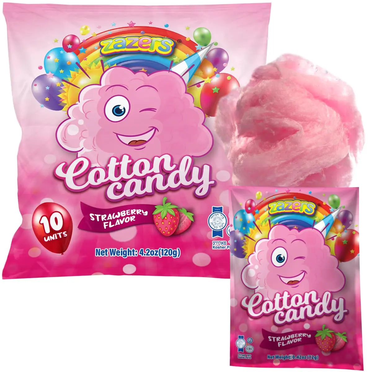 Cotton Candy 10 Pack, 10 Bags each 0.42oz, Strawberry Mini Pink cotton candy Individually Wrapped for Parties & Favors, Enjoy Fluffiness of kosher candy Anytime