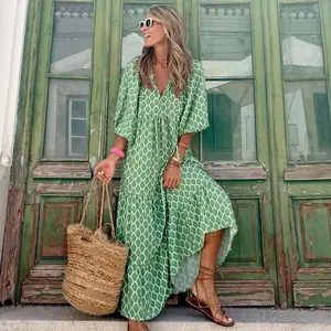 Women's Vintage Floral Printed Bohemian Long Dress - Polyester Comfortable Fabric, Elegant Casual Wear, Loose V-Neck, Short Sleeves, Summer Style Dress