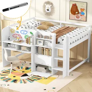 Full Size Low Loft Bed with Built-in Desk,Storage Cabinets and Open Bookcase,Whiteboard for Graffiti