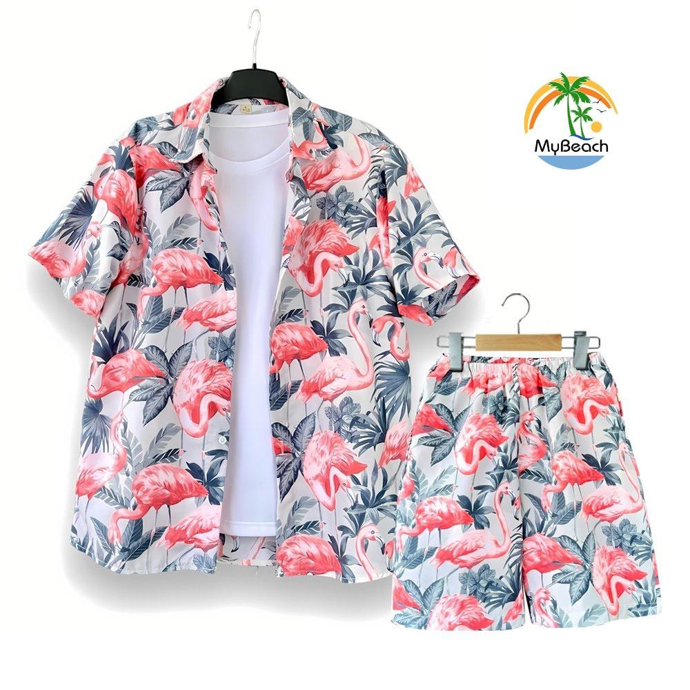 Hawaiian Style Two Piece Set – Tropical Print Shirt & Shorts, Lightweight Breathable Summer Beach Outfit