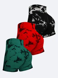 3-Pack Women's High-Waisted Yoga Shorts, Tie-Dye Sportswear, Butt-Lift Waist-Tightening, Ideal for Fitness & Gym Activities