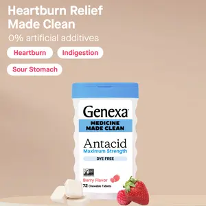 Genexa Clean Antacid Chewable Tablets | Maximum Strength Calcium Carbonate for Heartburn, Acid Indigestion & Upset Stomach Relief | Dye Free, 0% Artificial Additives | Berry Flavor Chewables