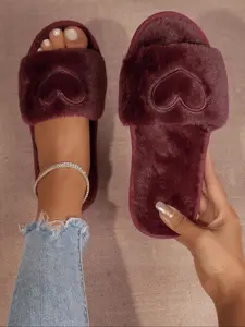 Women's Heart Shaped Embroidered Fuzzy Flat Slippers, Soft Plush Lining for Cozy Comfort, Cute Warm Autumn Winter Home Footwear