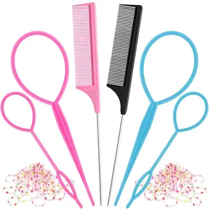 6Pcs Hair Loop Tool Set with 4 Tail Tools French Braid 2 Metal Pin Rat Comb for Styling, 100 Colored Children Rubber Bands Haircare Heatless Smoothing