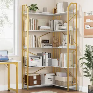 Garvee Modern Industrial L-Shaped 72" 5-Tier Corner Bookshelf with Gold & White Metal Frame, Beaded Detail, Space-Saving Design for Compact Storage in Living Room, Bedroom, or Office