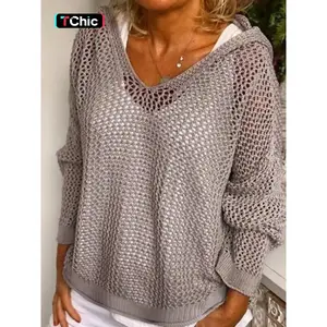 Women's Solid Hollow Out Sheer Loose Fit Hooded Sweater Pullover, Casual Drop Shoulder Long Sleeve Jumper for Summer, Fashion Ladies' Knitwear for Daily Wear