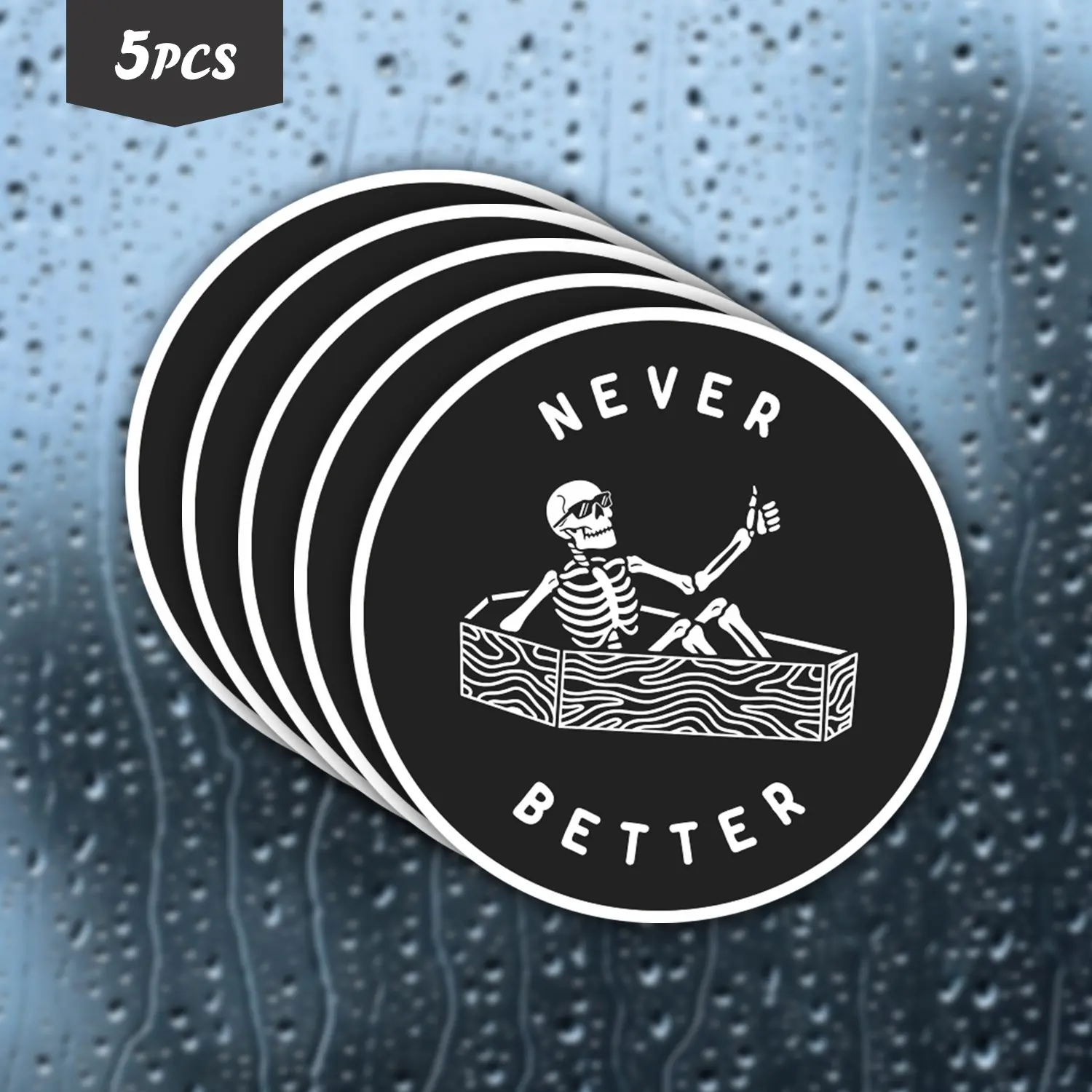 5Pcs "Never Better" Skeleton Waterproof Vinyl Sticker, Skeleton In Boat Self-Adhesive Decal, Suitable For Laptops, Water Bottles, Journals, Cars, Ideal For Whimsical Vibe Lovers And Retro Style Enthusiasts