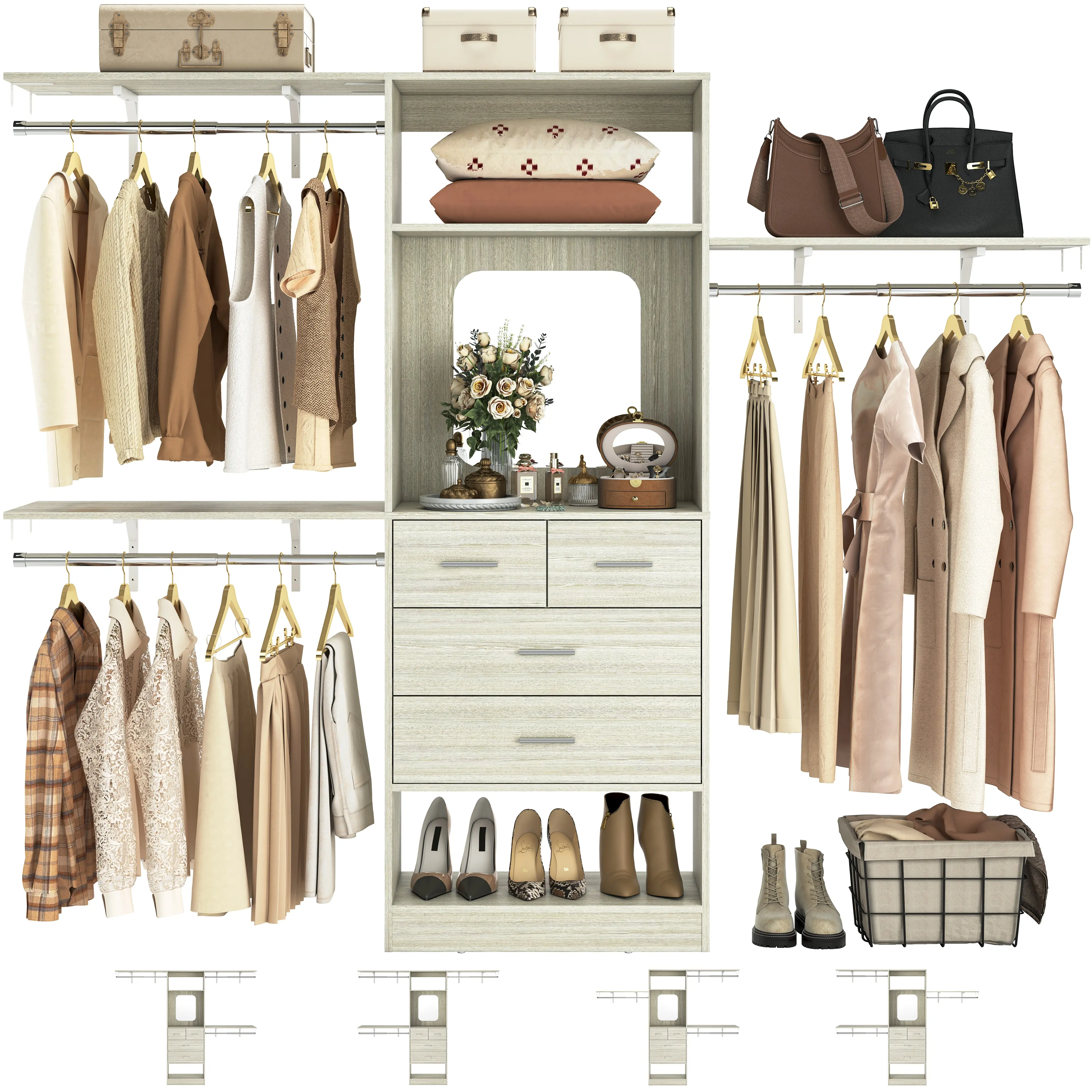 Unikito 8FT White Oak Closet System - 96" W x 16" D x 80" H Sturdy Walk-In Wardrobe Insert with 4 Drawers, Mirror, Hanging Rods and Tower (Cuttable to Fit)