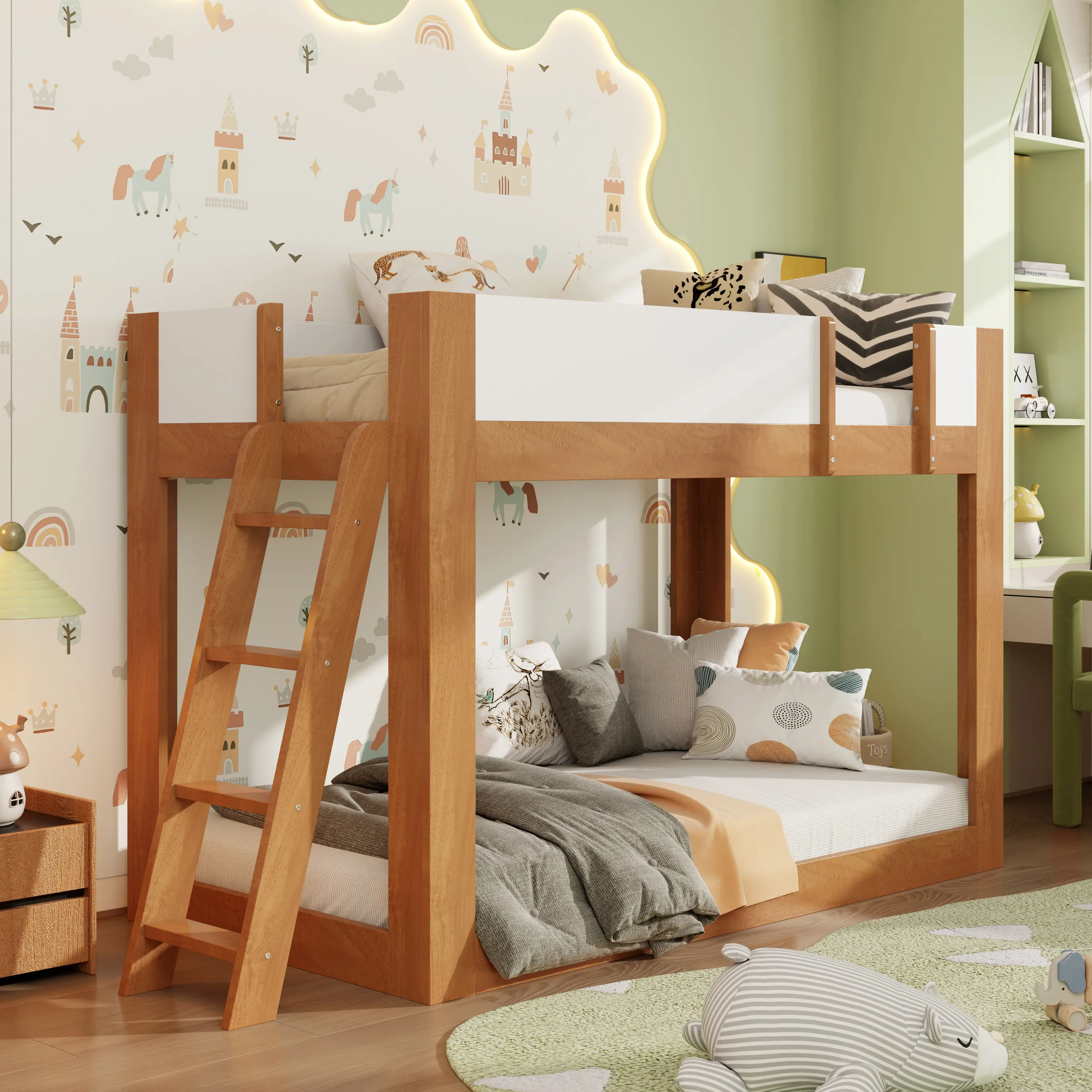 Twin Size Low Bunk Bed, Wooden Convertible Bunk Bed with Reversible Ladder & Full-Length Safety Guardrails, Space-Saving Wood Bunk Bed with Slats, Walnut & White