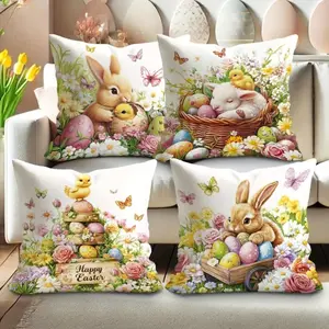 Easter Bunny Egg Flower Pattern Pillow Covers Set, 4pcs Single-Sided Print Decorative Pillows, 45x45cm, Hidden Zipper, Indoor Outdoor Use, Home Textile