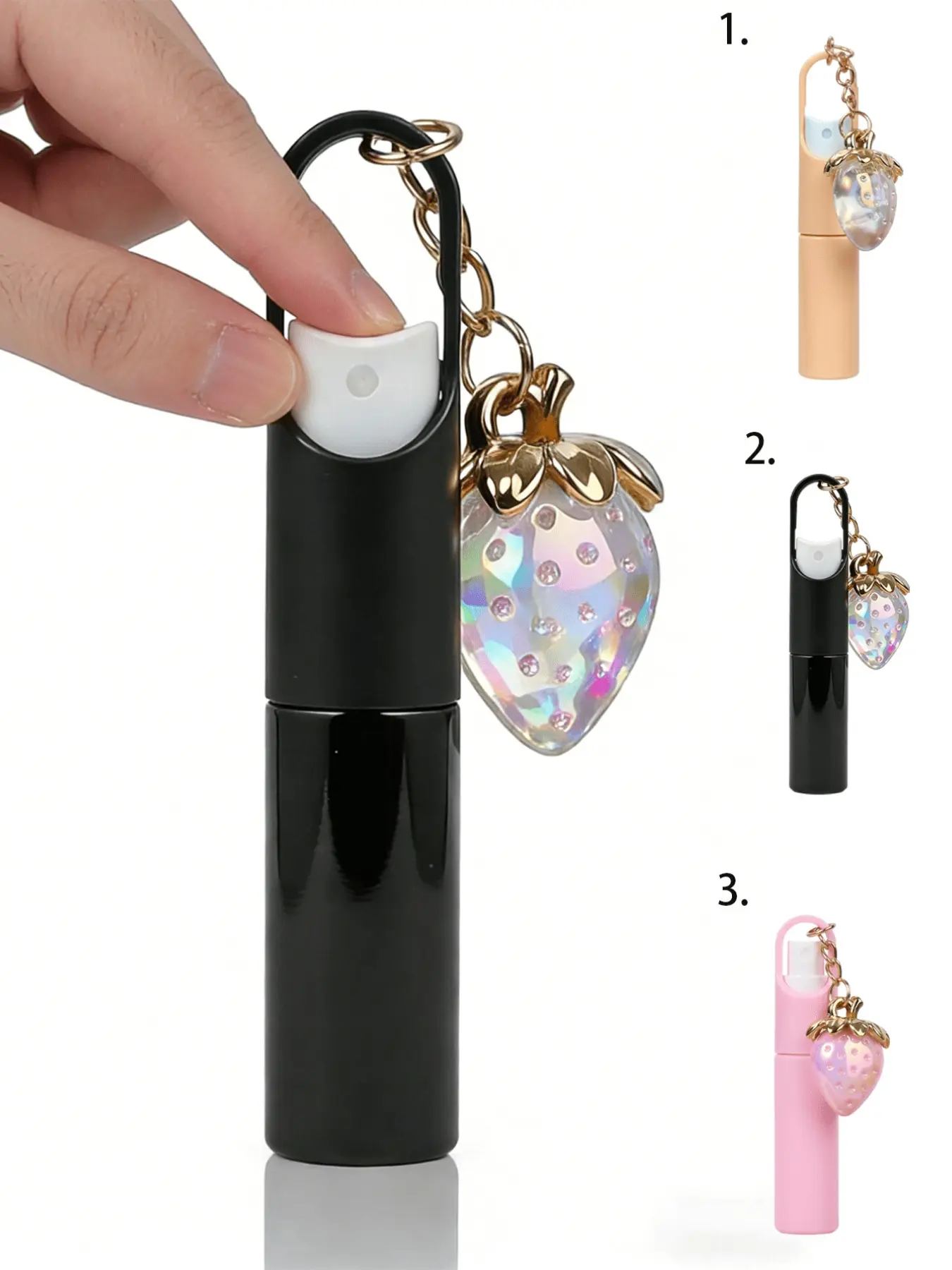 Refillable Perfume Spray Bottle, Fashion Plastic Portable Mini Perfume Atomizer with Strawberry Charm, Hook Bag Pump, Clear Cosmetic Essence Container