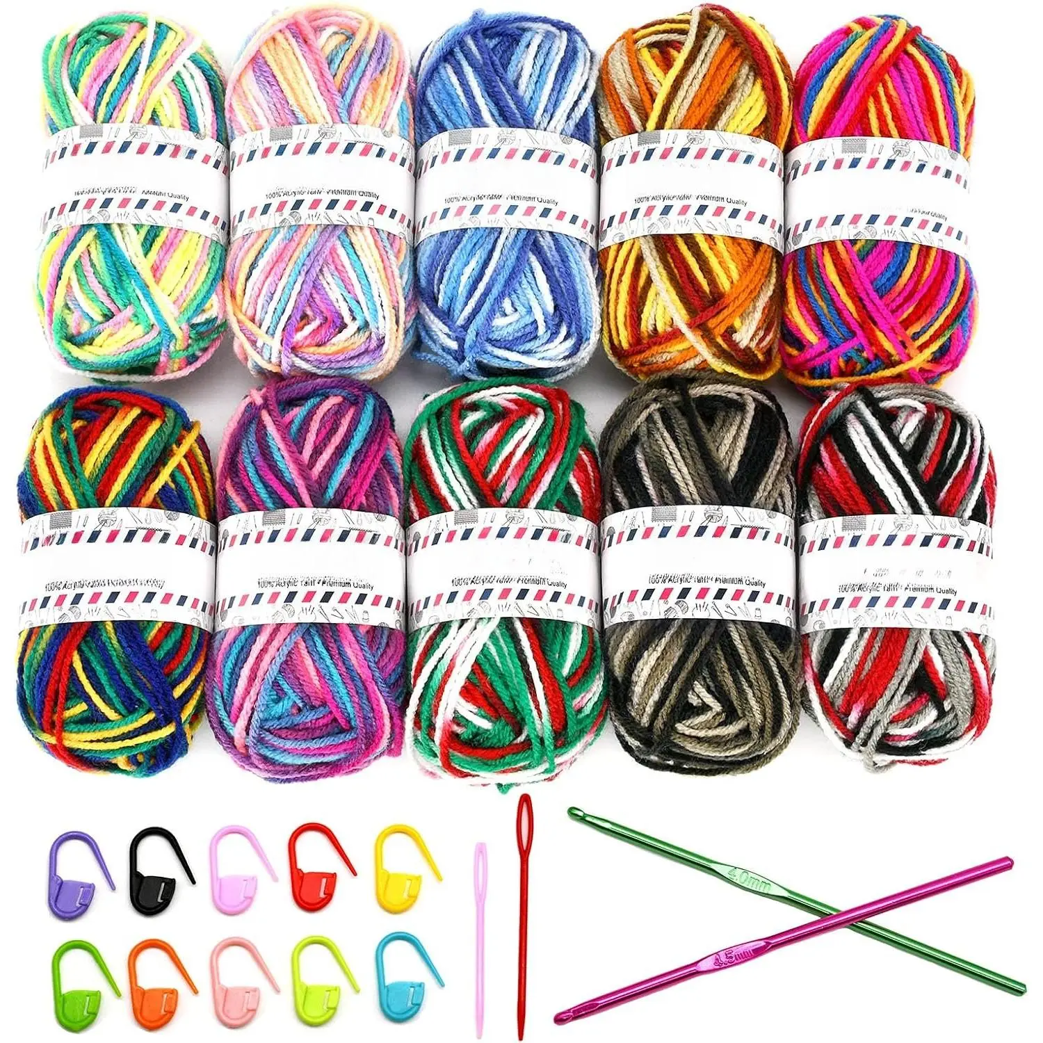 10  Yarn Skeins,Multicolor Crochet Craft for Crocheting and Knitting,with Hooks Knitting   Markers,Crochet Starter Kit Beginners(650 Yard/250g)