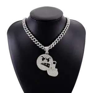 HIP-HOP Style Emoji  Angry Middle Finger Emoji Ice Jewelry Necklace Pendant , 2-Piece Set, Quirky Pendant + Cuban Chain Necklace