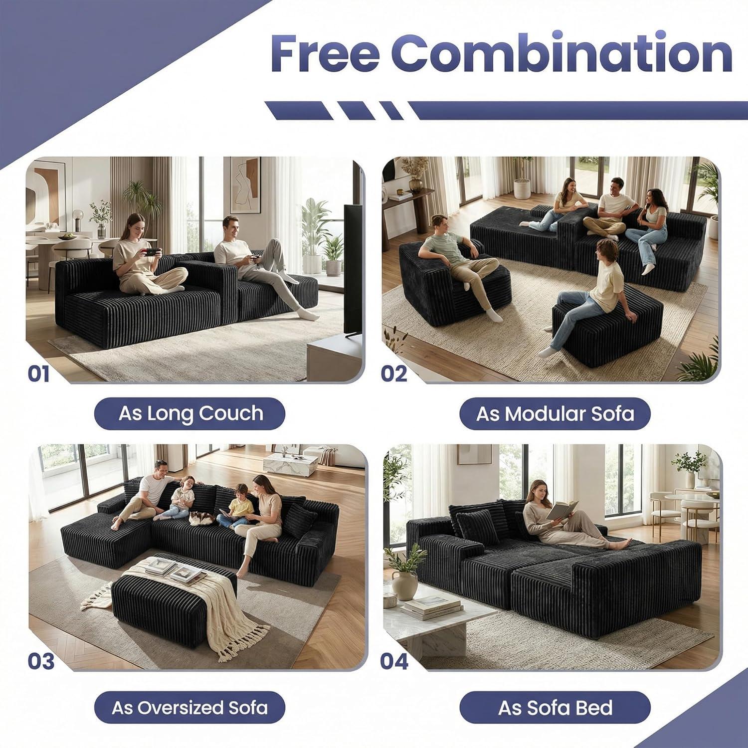 winzoo couch 126" Cloud Sectional Couch for Living Room, Oversized 6 Seat Convertible Modular Sectional Sofa Bed with High Back Ottoman, Plush Corduroy U Shaped Boneless Couch Compression Sofas, Grey