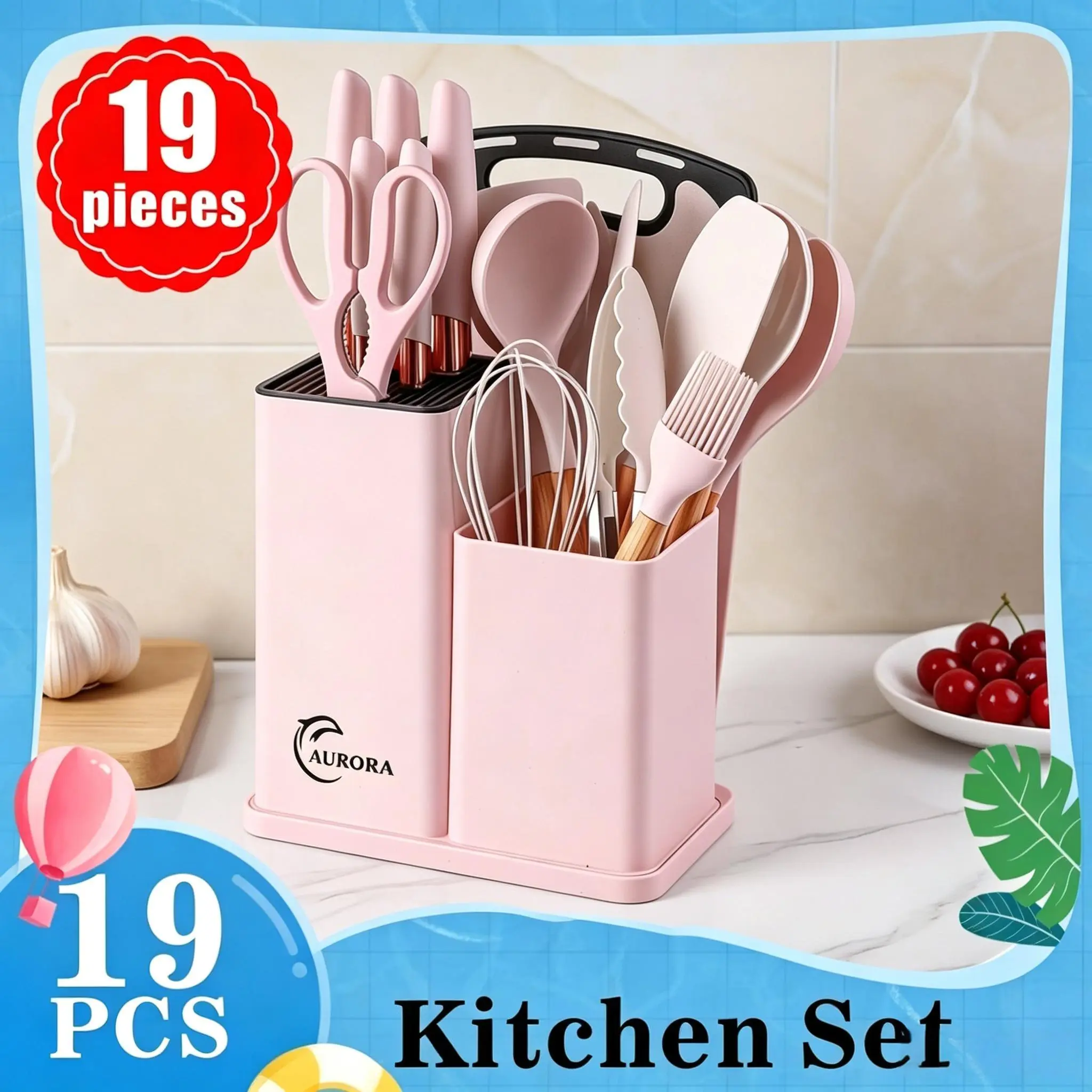 {Buy One Get One}19-piece kitchen utensil set with knife holder, heat-resistant silicone utensils with wooden handles, chef’s knife, cutting board, scissors, pasta spoon, whisk, spoons, tongs, and colander—nonstick cookware storage kitchen supplies