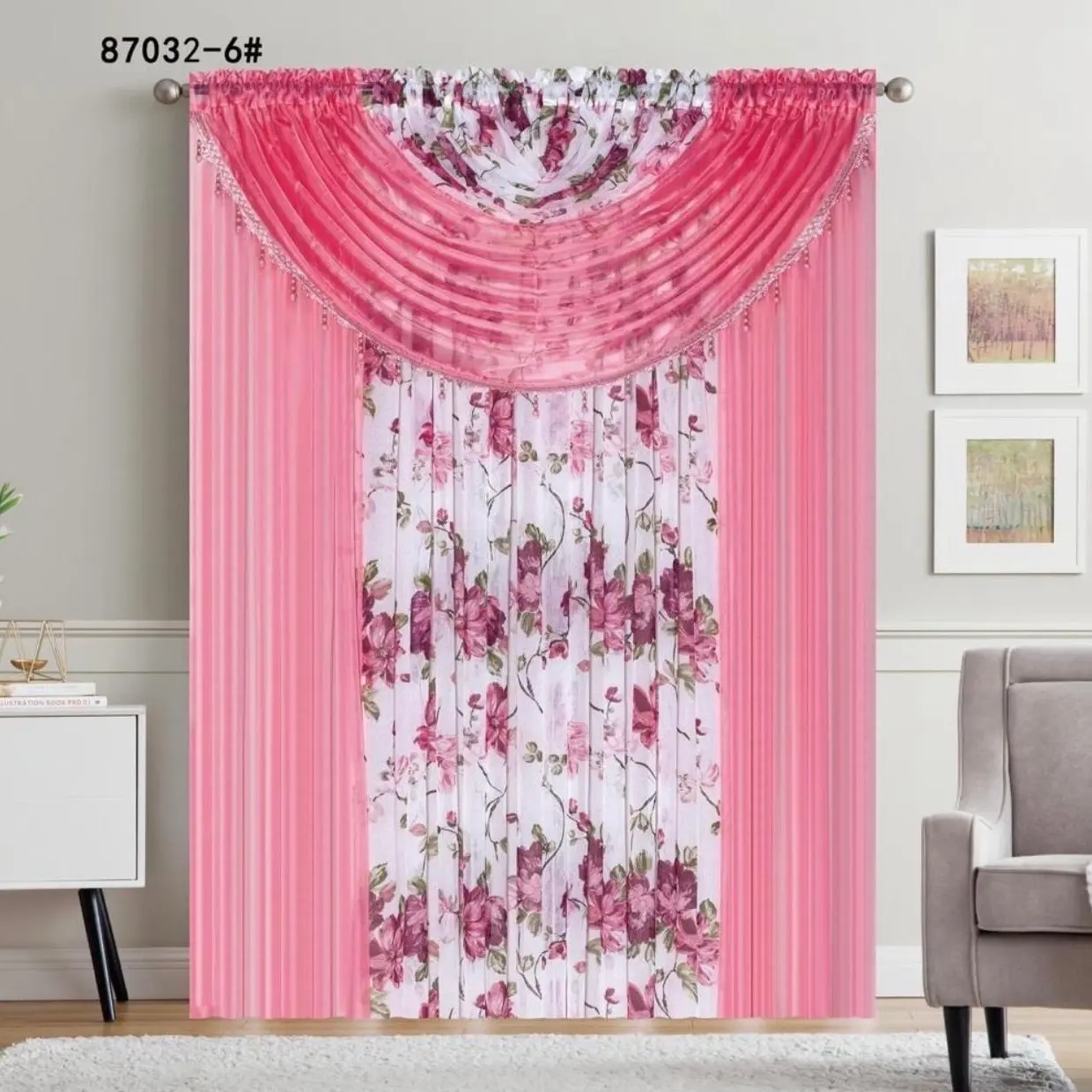 Elegant Pink Floral Design Window Curtain 87032-6# High-Quality Soft Material Available in Various Sizes & Colors Perfect for Home Decor Enhancement